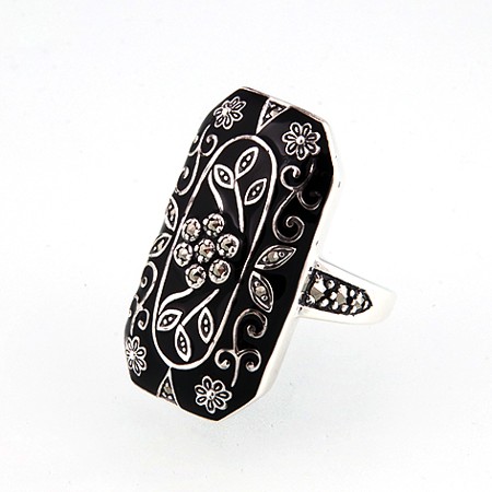 Long Rectangle Black Enamel Marcasite 'Art Deco' Ring - Click Image to Close